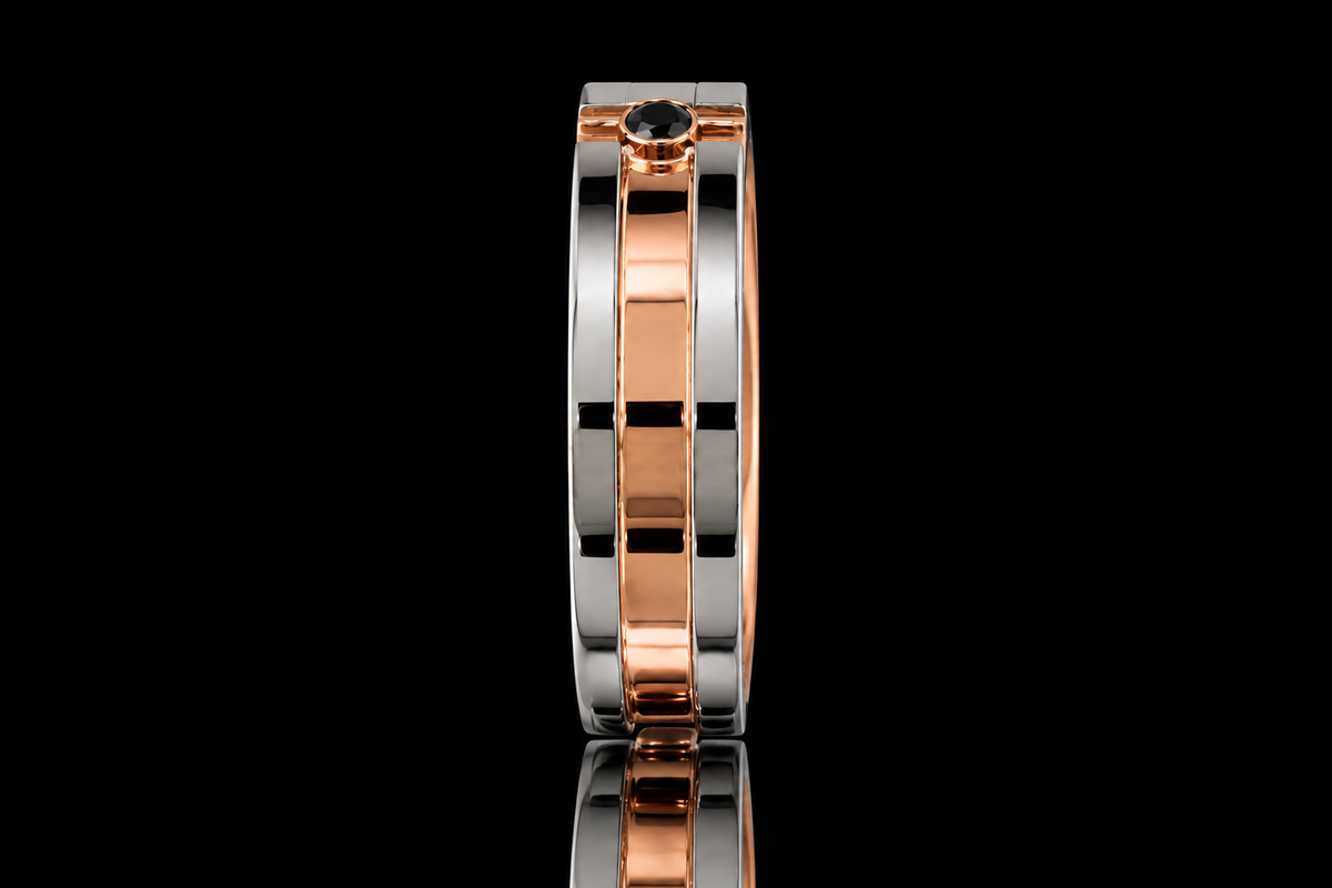 Two-Tone Rose Gold and Platinum Black Diamond Men's Band (band174)