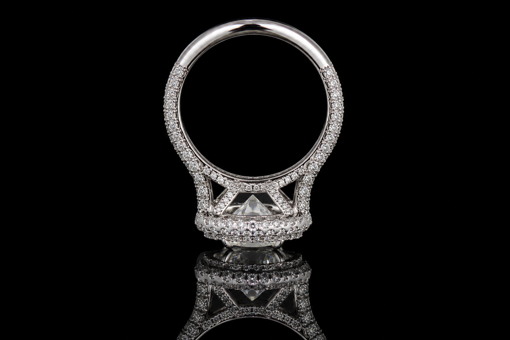 Round Brilliant Diamond Double Halo Ring with Pavé Band (eng545)