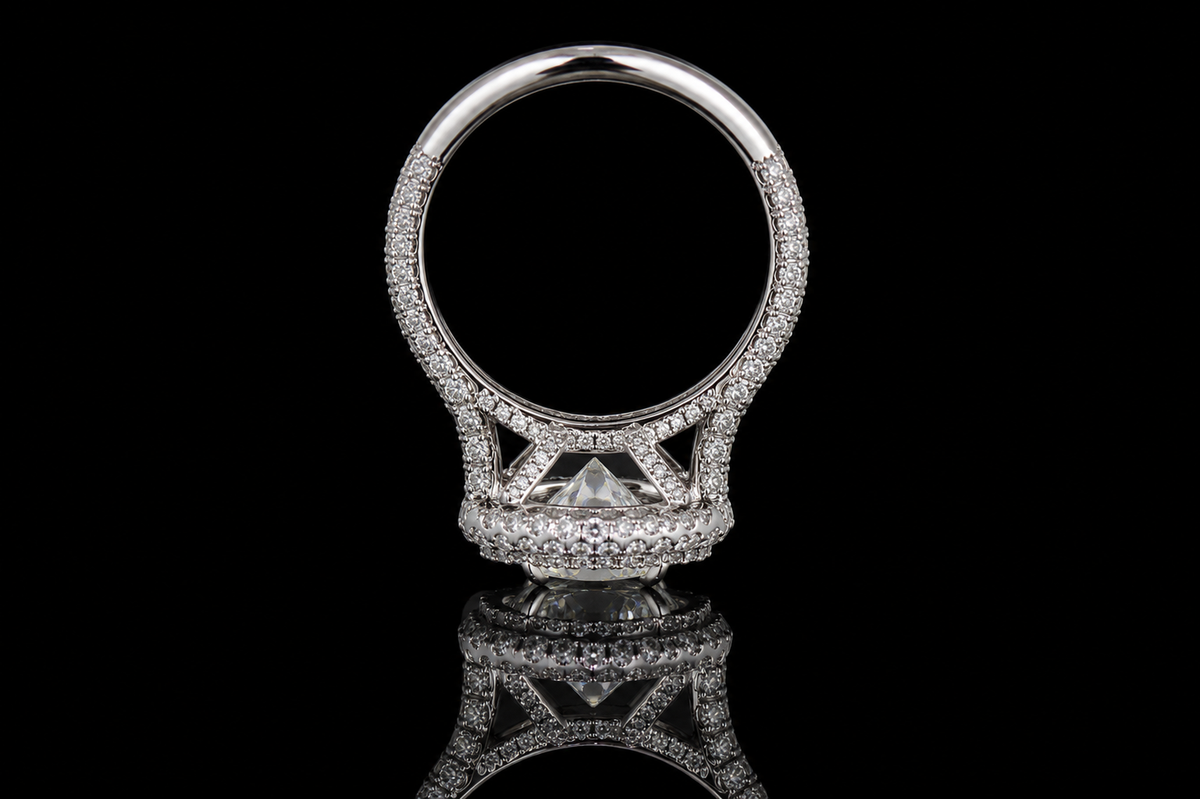 Round Brilliant Diamond Double Halo Ring with Pavé Band (eng545)
