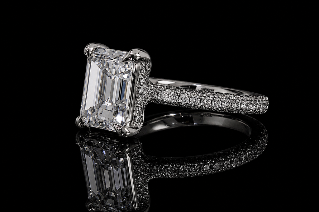 Emerald Cut Diamond Solitaire Ring with Pavé Band (eng471)