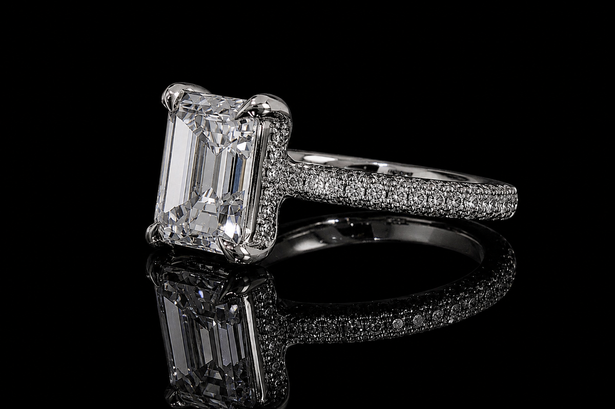 Emerald Cut Diamond Solitaire Ring with Pavé Band (eng471)