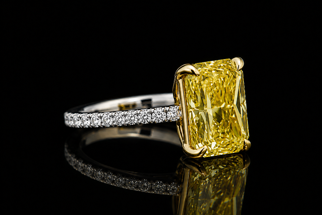 Radiant Fancy Yellow Diamond Engagement Ring with Pavé Band (eng753)