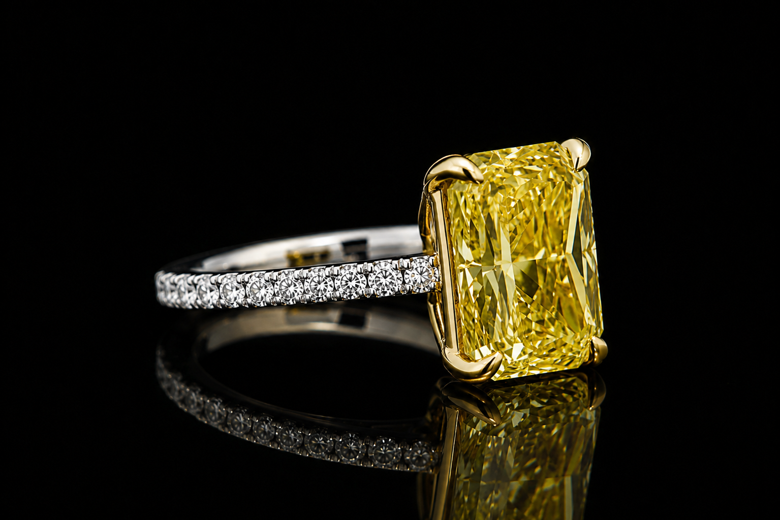 Radiant Fancy Yellow Diamond Engagement Ring with Pavé Band (eng753)