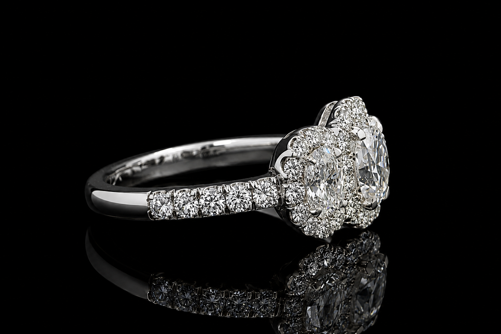 Three Stone Oval Diamond Halo Engagement Ring (eng752)