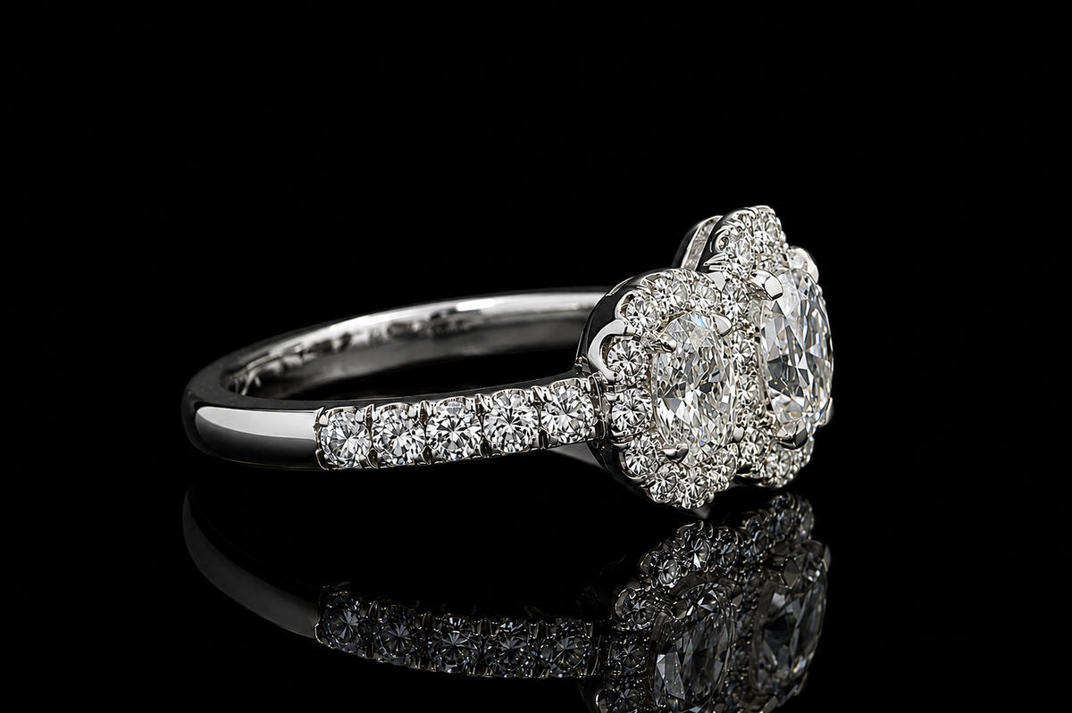 Three Stone Oval Diamond Halo Engagement Ring (eng752)