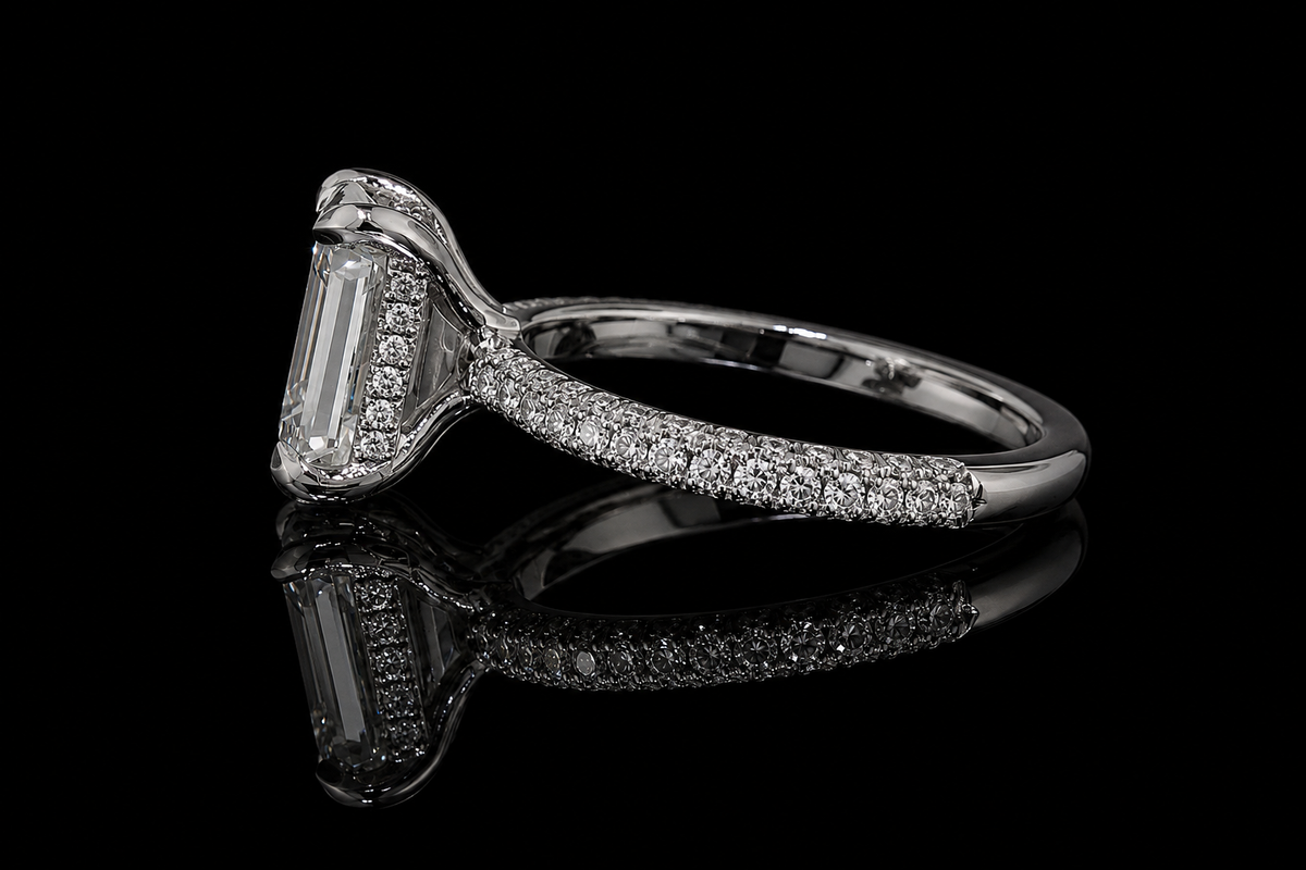 Emerald Cut Diamond Solitaire Ring with Pavé Band (eng471)