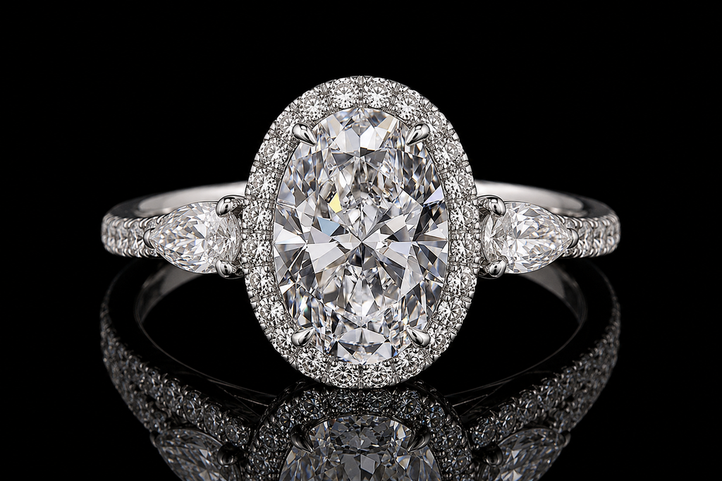 Oval Diamond Halo Ring with Pear Side Stones (eng469)