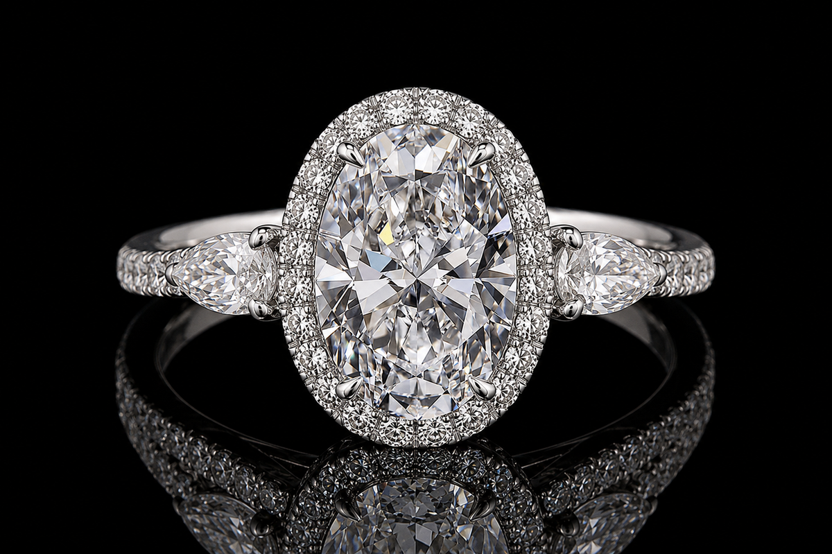 Oval Diamond Halo Ring with Pear Side Stones (eng469)