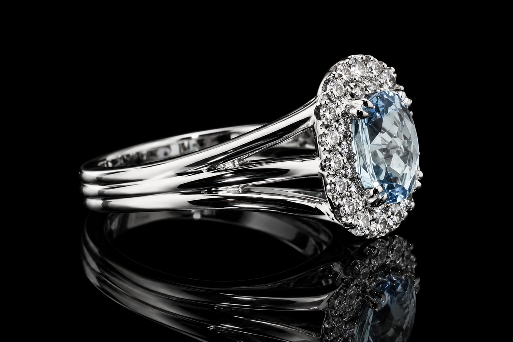 Cushion-Cut Blue Topaz Double Halo Ring (Eng003)