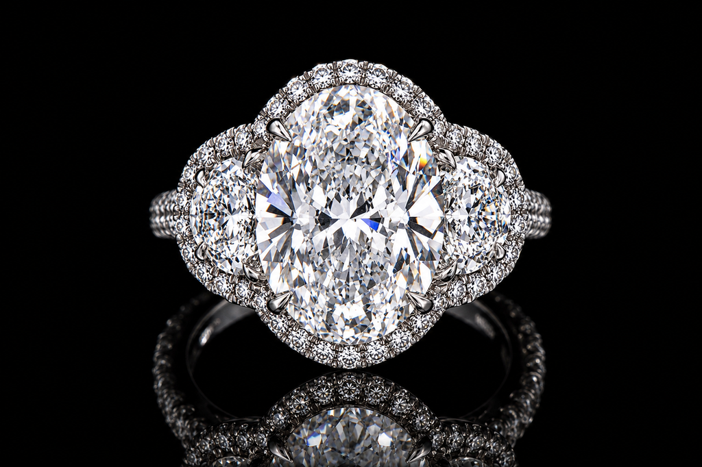 Oval Diamond Three-Stone Halo Engagement Ring (eng433)