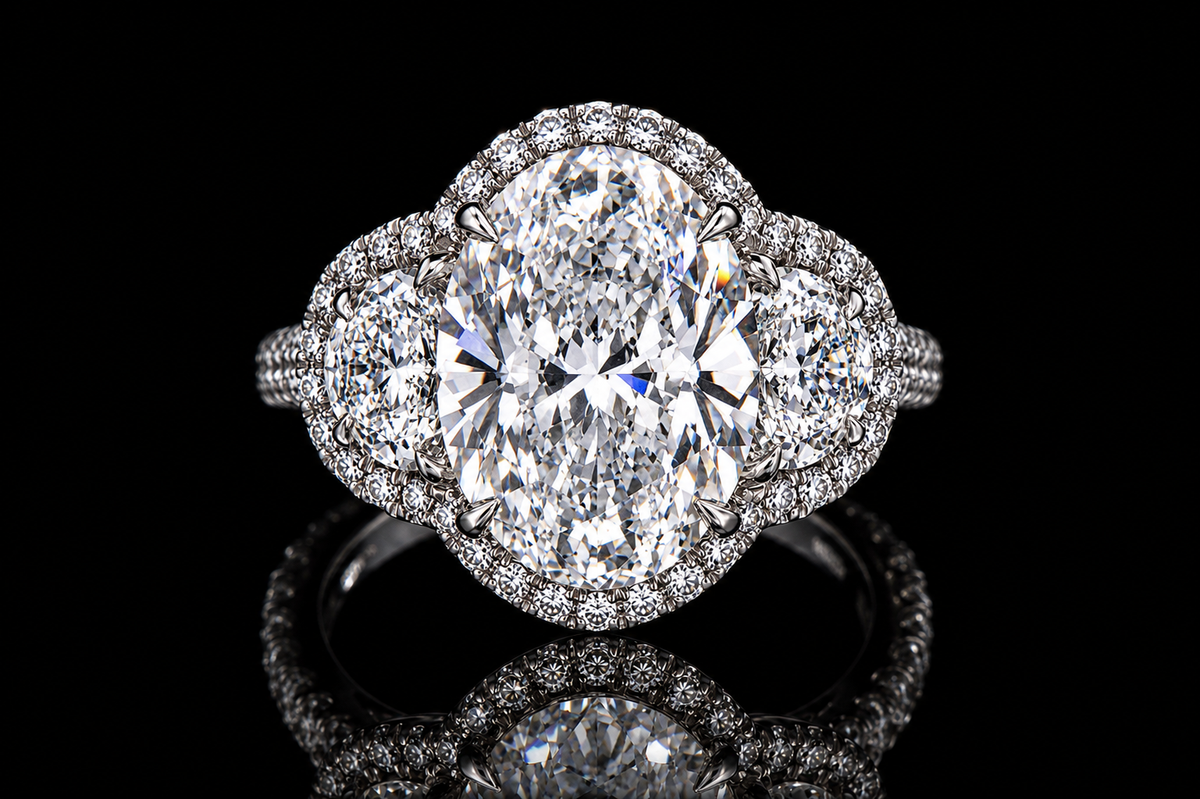 Oval Diamond Three-Stone Halo Engagement Ring (eng433)