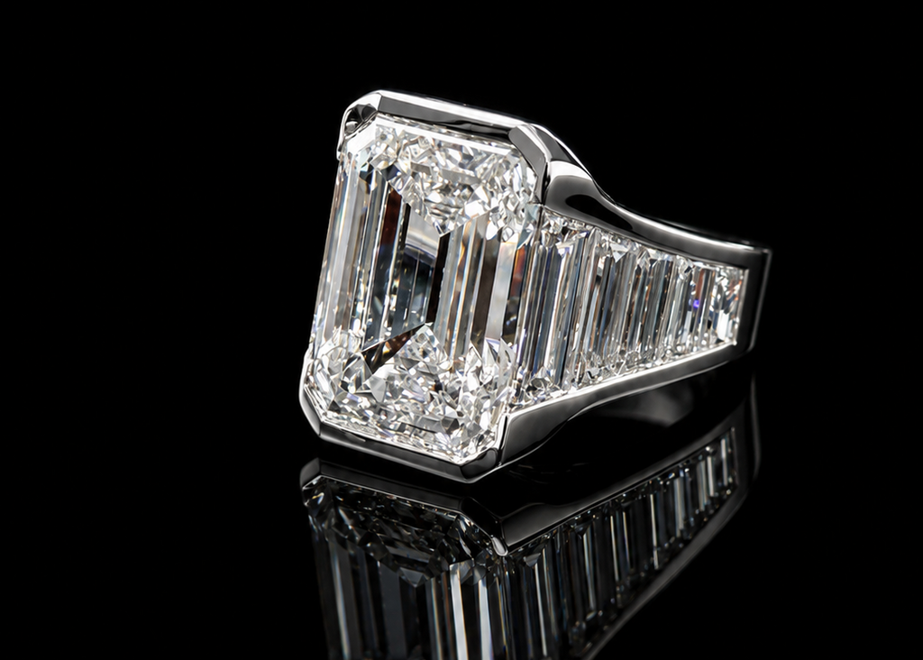 Bezel-Set Emerald-Cut Diamond Ring with Graduated Tapered Baguette Diamonds (eng787)