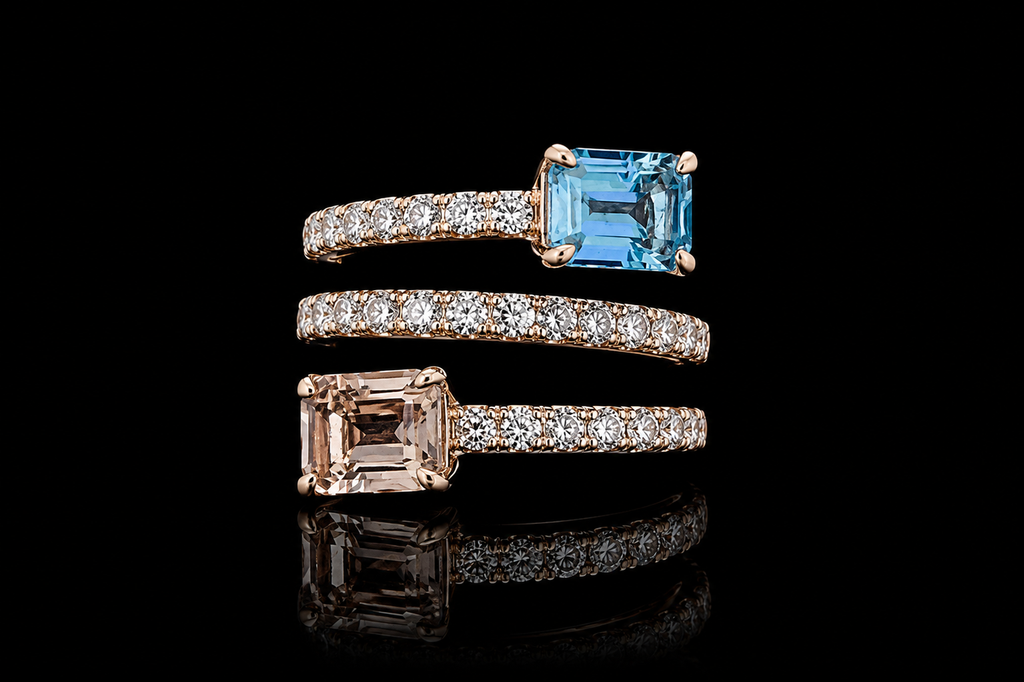 Emerald Cut Morganite & Aquamarine Bypass Wrap Ring Set (band530)