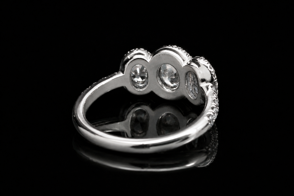 Three Stone Oval Diamond Halo Engagement Ring (eng752)