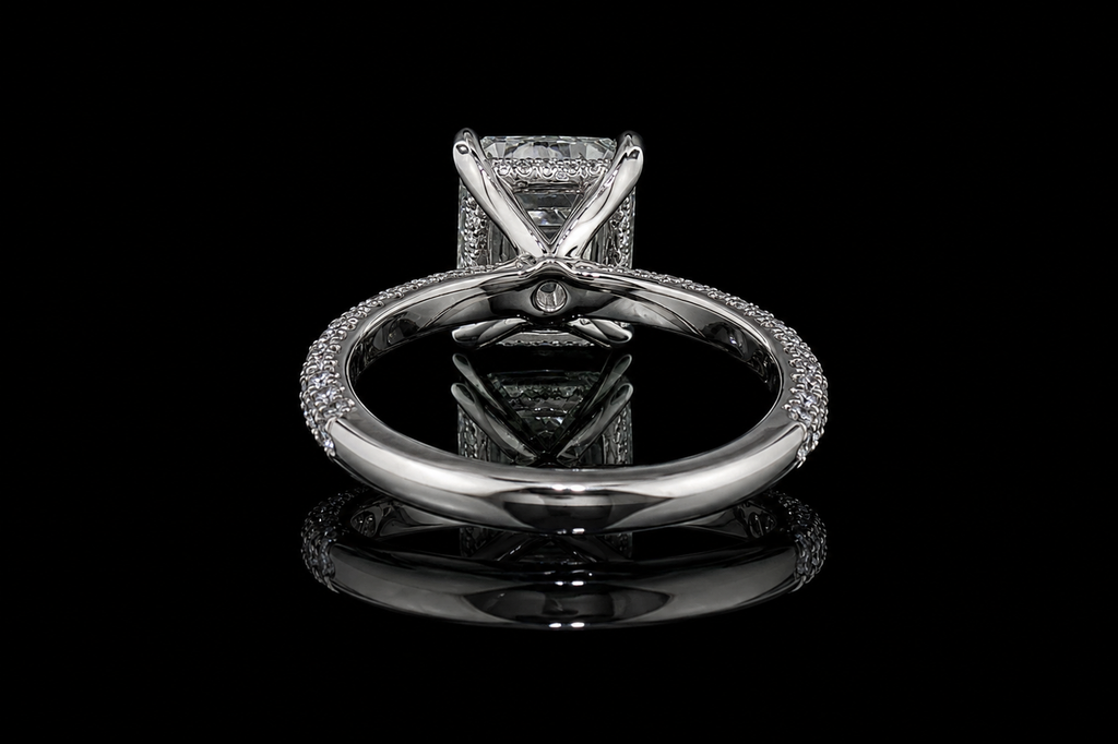 Emerald Cut Diamond Solitaire Ring with Pavé Band (eng471)