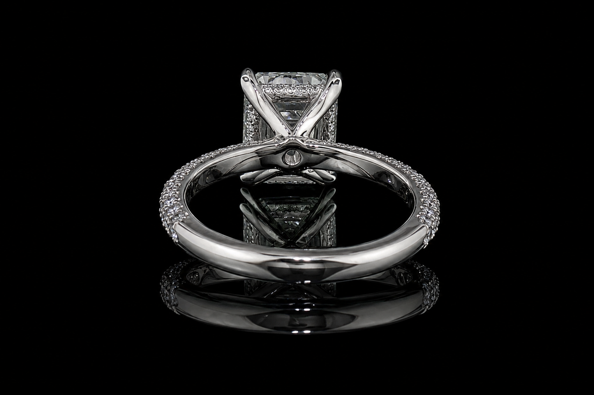 Emerald Cut Diamond Solitaire Ring with Pavé Band (eng471)