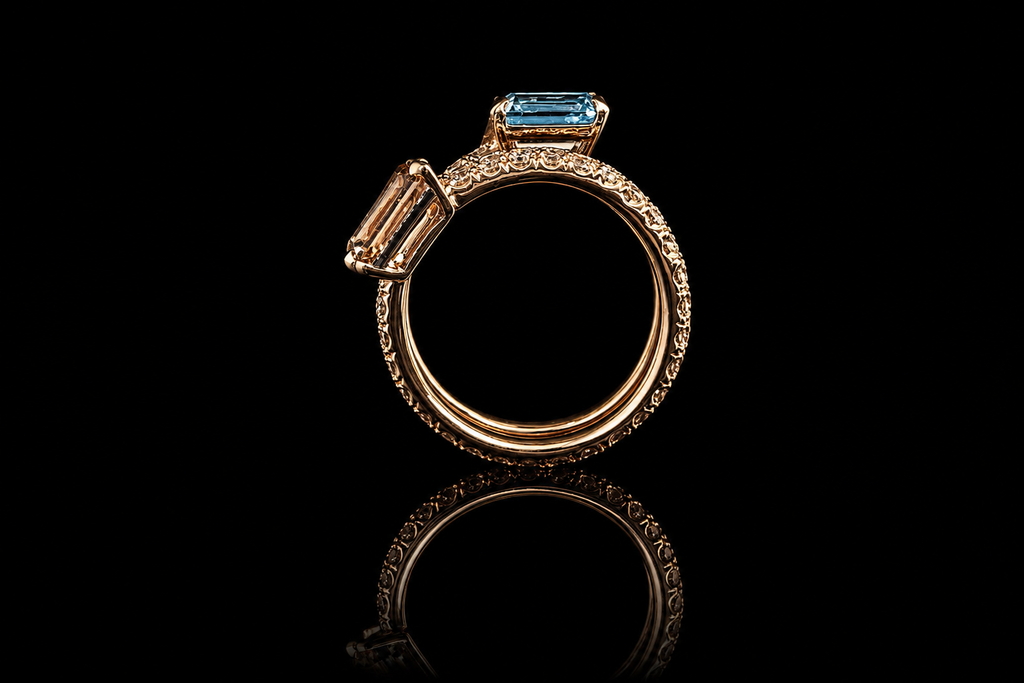 Emerald Cut Morganite & Aquamarine Bypass Wrap Ring Set (band530)
