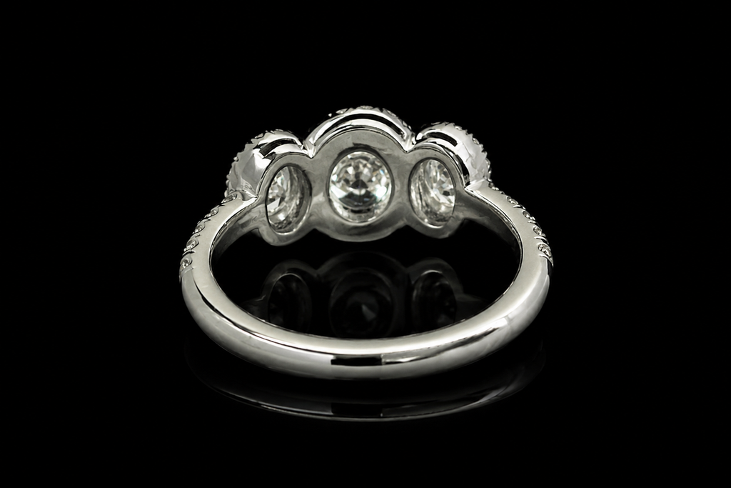 Three Stone Oval Diamond Halo Engagement Ring (eng752)
