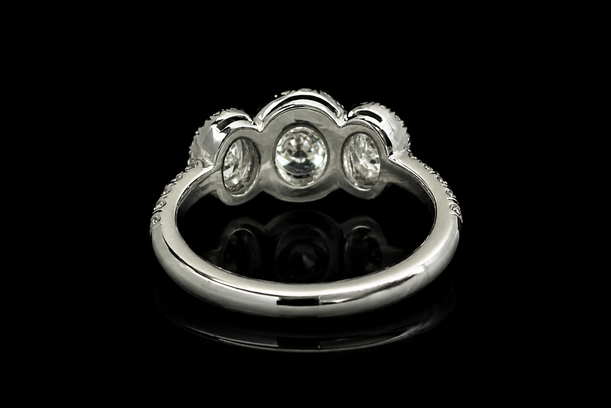 Three Stone Oval Diamond Halo Engagement Ring (eng752)