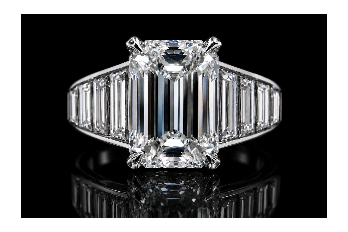 Emerald Cut Diamond Engagement Ring with Tapered Baguette Side Diamonds (eng786)