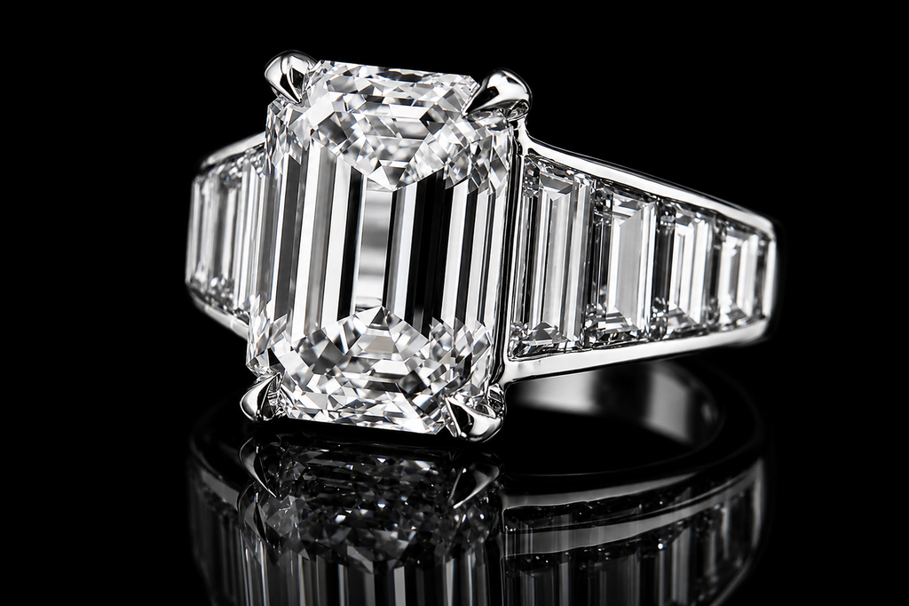 Emerald Cut Diamond Engagement Ring with Tapered Baguette Side Diamonds (eng786)