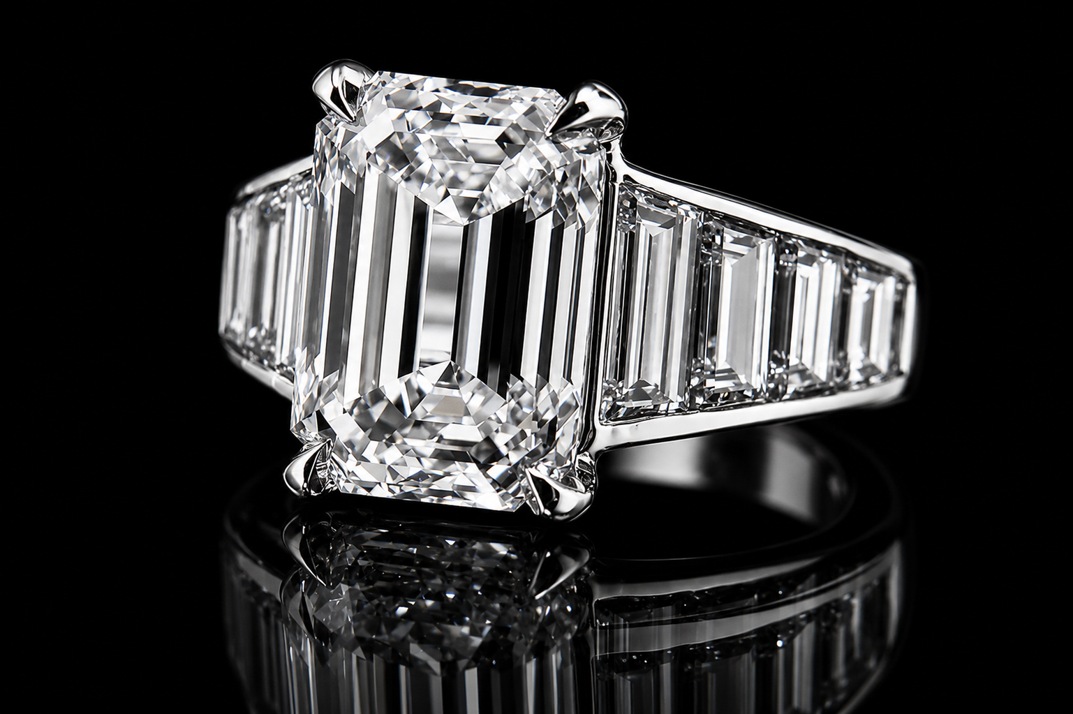 Emerald Cut Diamond Engagement Ring with Tapered Baguette Side Diamonds (eng786)