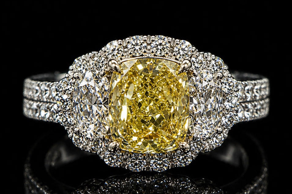 Cushion Cut Fancy Yellow Diamond Three-Stone Halo Ring (eng788)