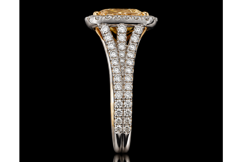 Cushion-Cut Yellow Stone & Diamond Halo Ring (eng-m076)