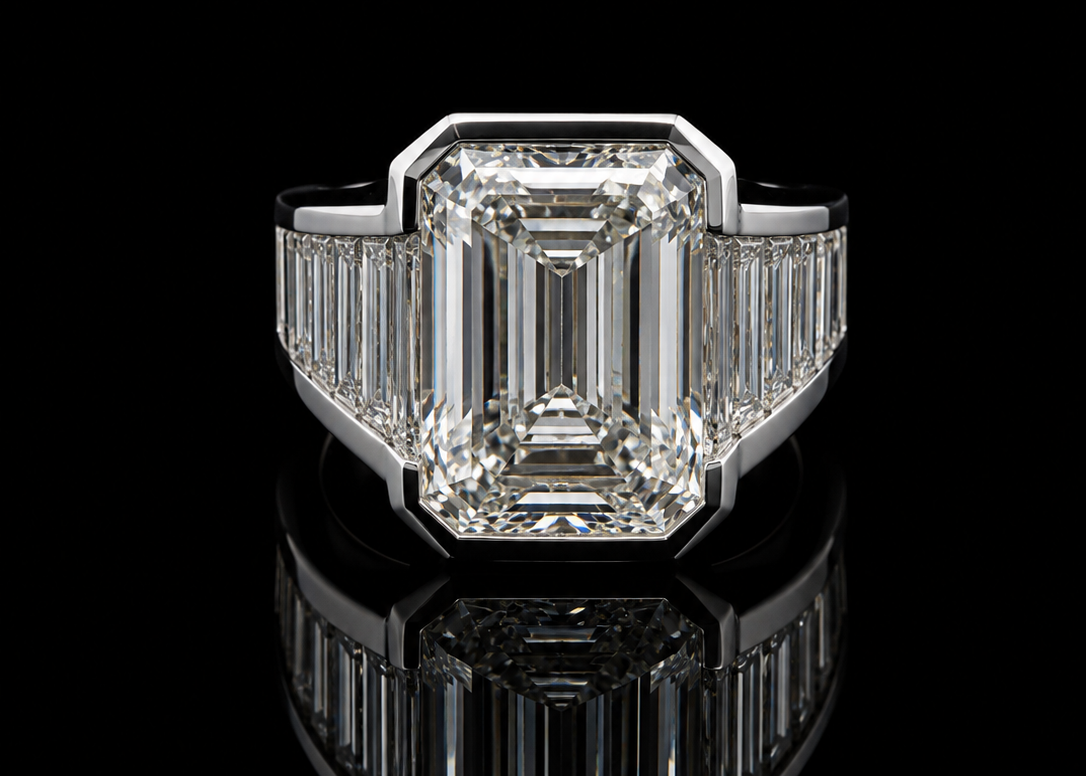 Bezel-Set Emerald-Cut Diamond Ring with Graduated Tapered Baguette Diamonds (eng787)