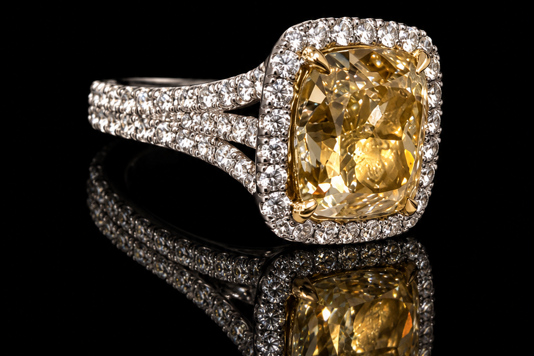 Cushion-Cut Yellow Stone & Diamond Halo Ring (eng-m076)