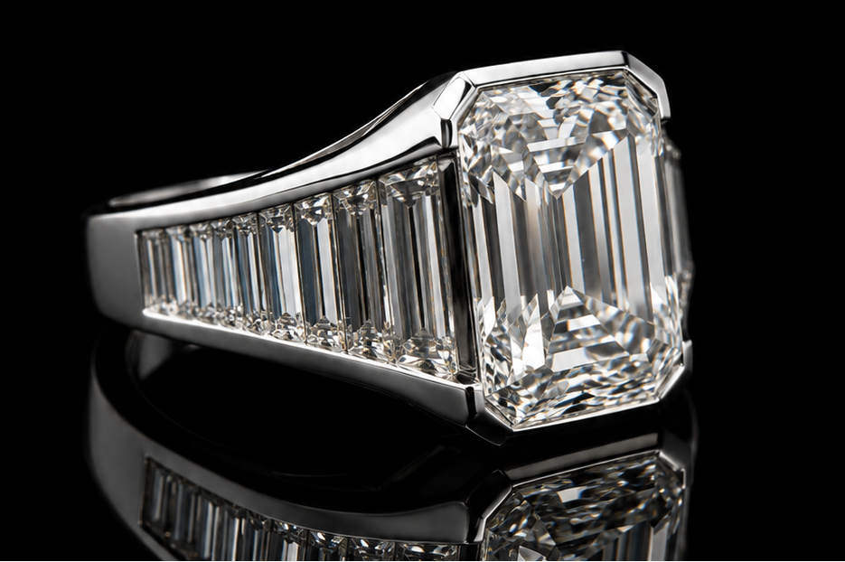 Bezel-Set Emerald-Cut Diamond Ring with Graduated Tapered Baguette Diamonds (eng787)