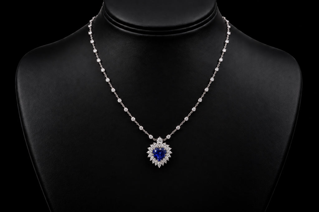 Heart-Shaped Tanzanite & Marquise Diamond Pendant Necklace (Jes001)