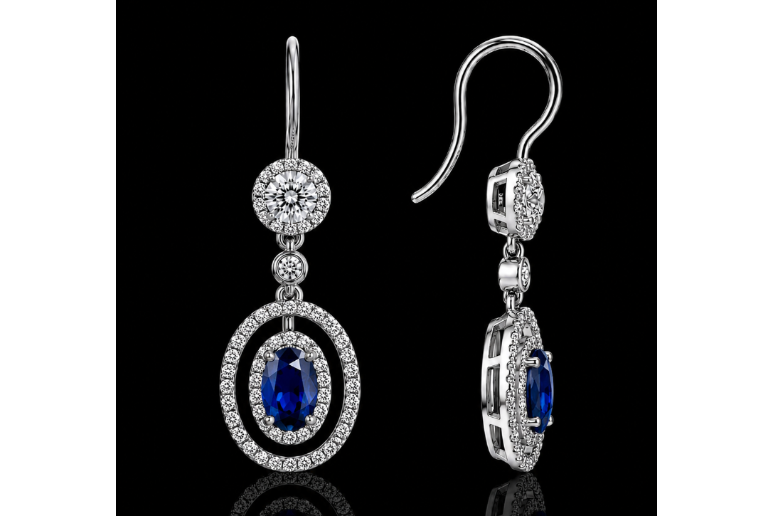 Oval Sapphire Diamond Drop Earrings (Ear-n001)