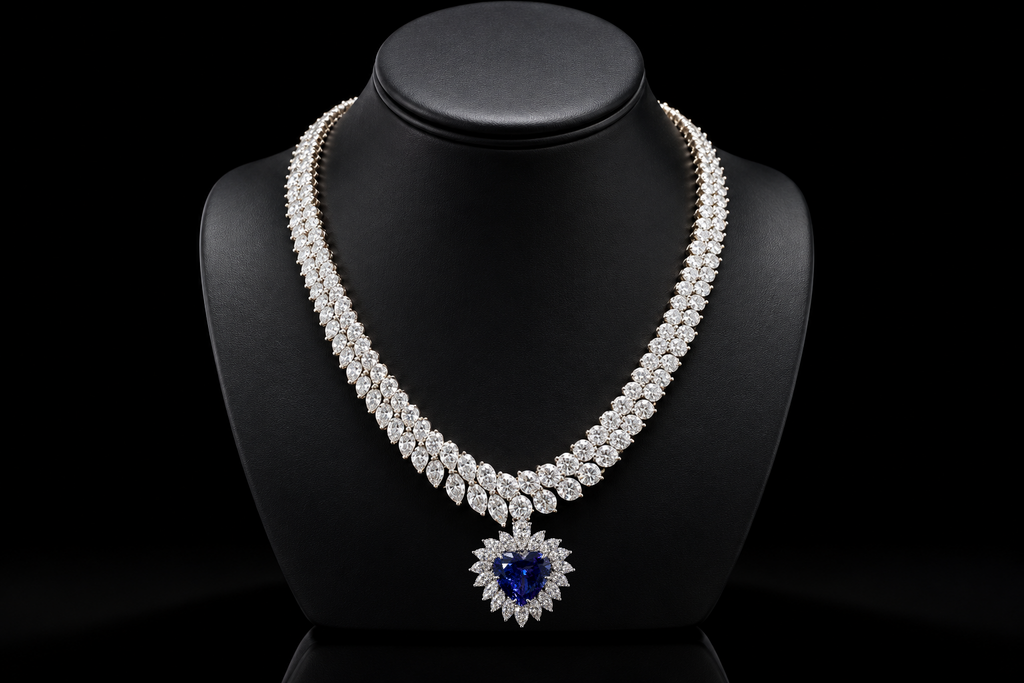 Heart-Shaped Tanzanite & Diamond Statement Necklace (Jes002)