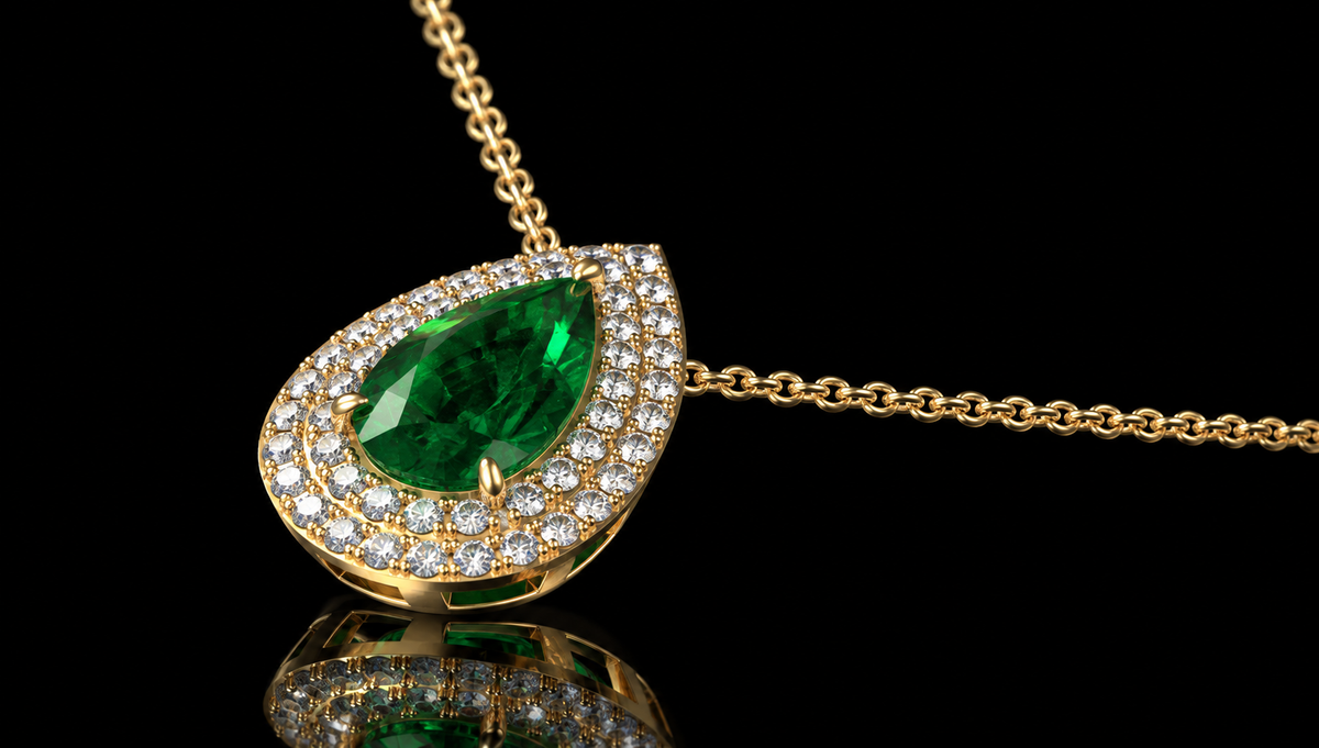 Pear-Shaped Emerald & Double Halo Diamond Necklace (pen-g001)