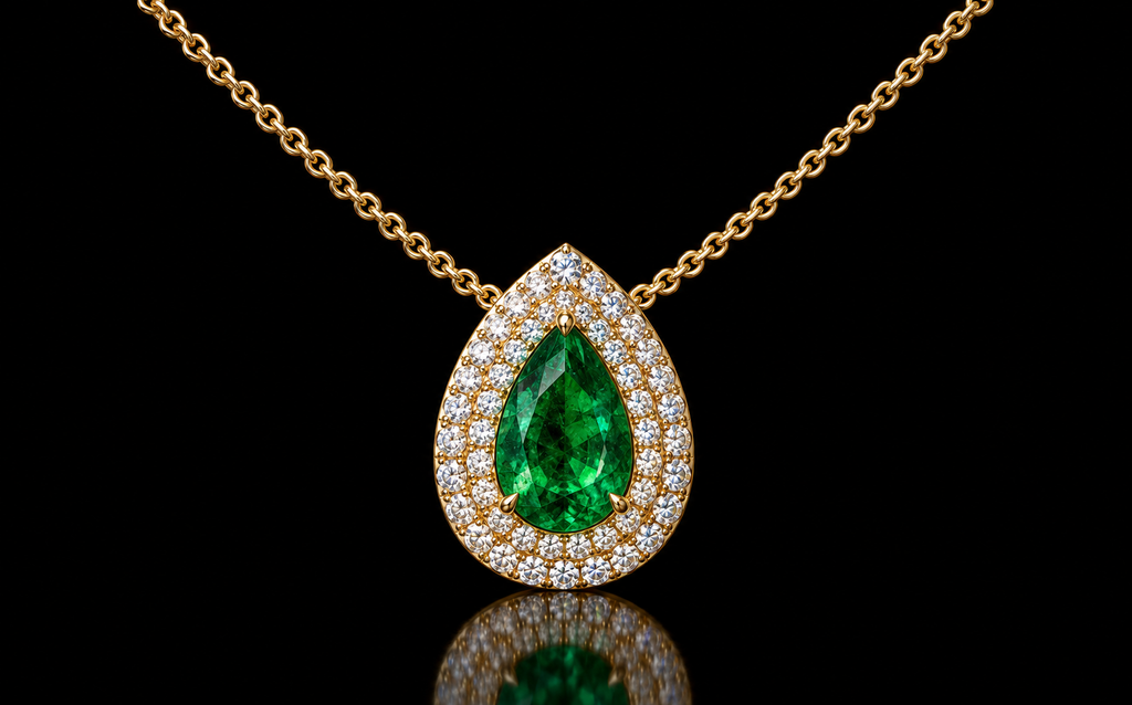 Pear-Shaped Emerald & Double Halo Diamond Necklace (pen-g001)