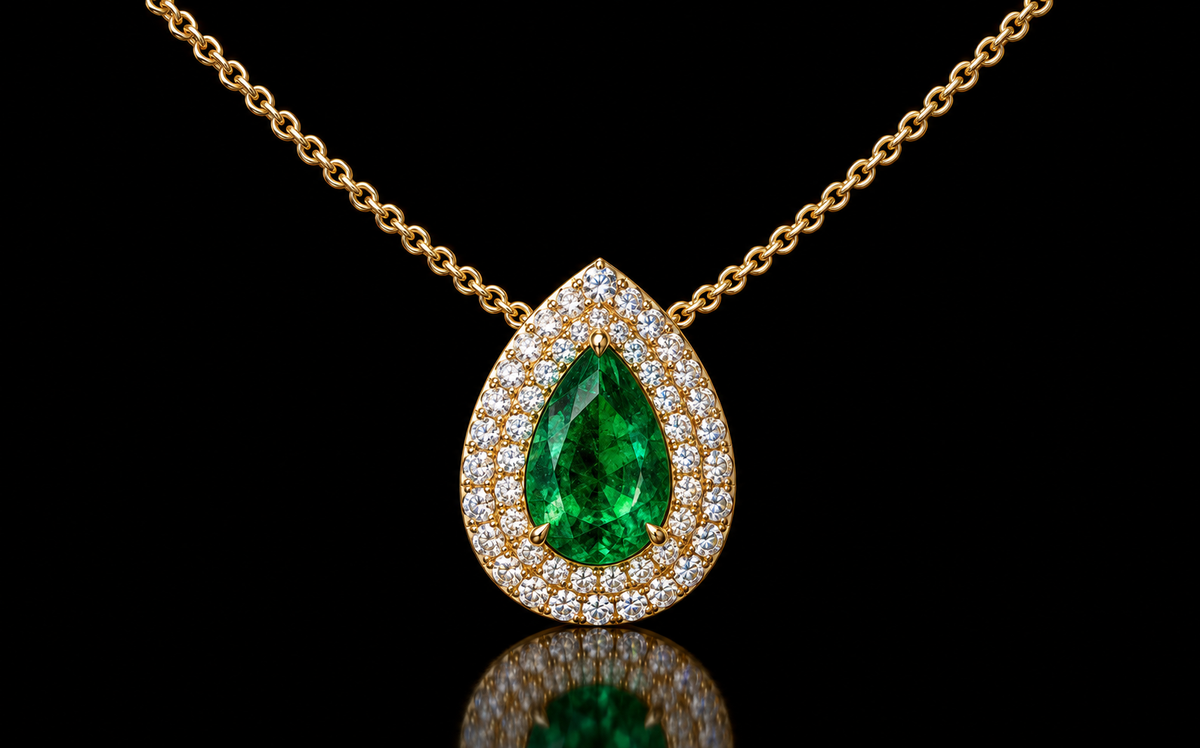 Pear-Shaped Emerald & Double Halo Diamond Necklace (pen-g001)