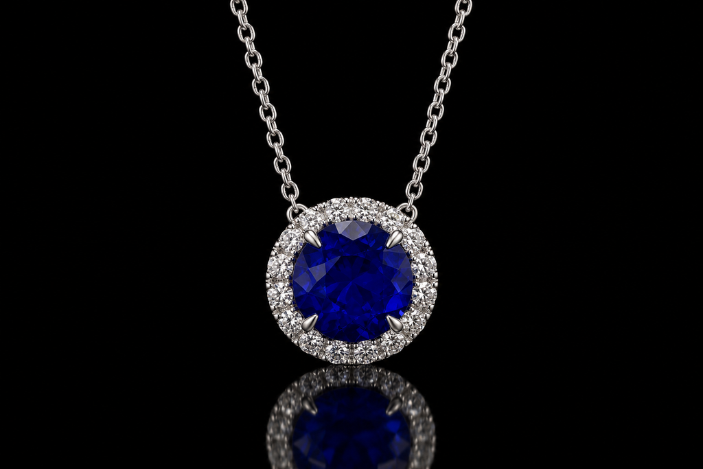 14K White Gold Sapphire & Micropavé Diamond Halo Necklace (pend117)
