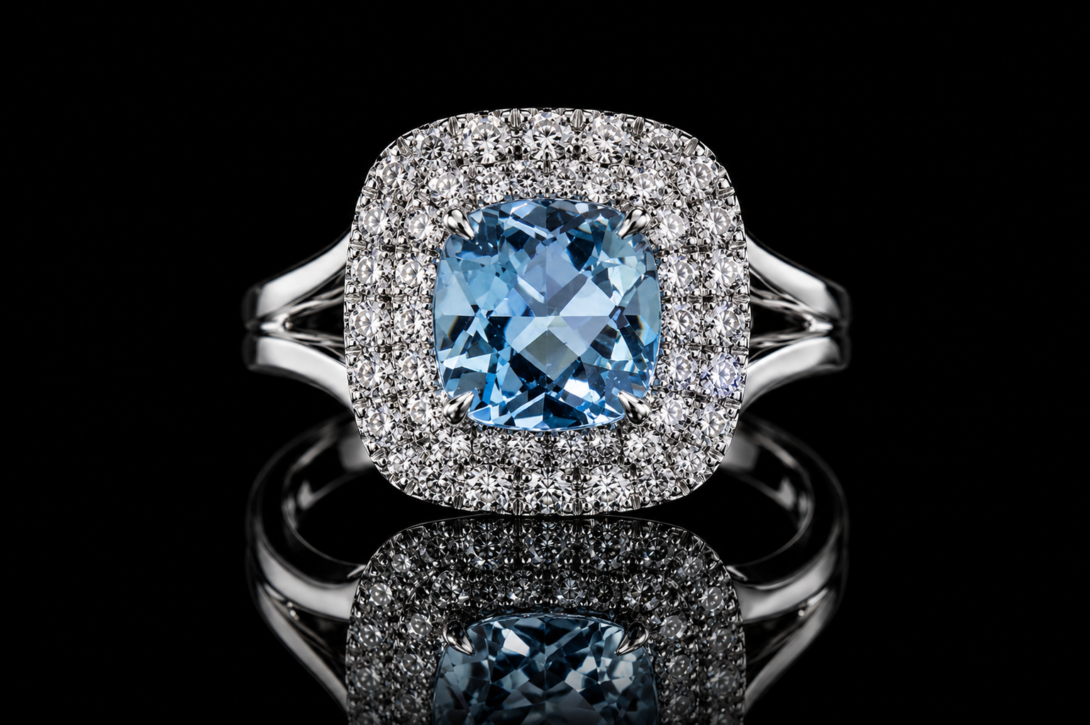 Cushion-Cut Blue Topaz Double Halo Ring (Eng003)