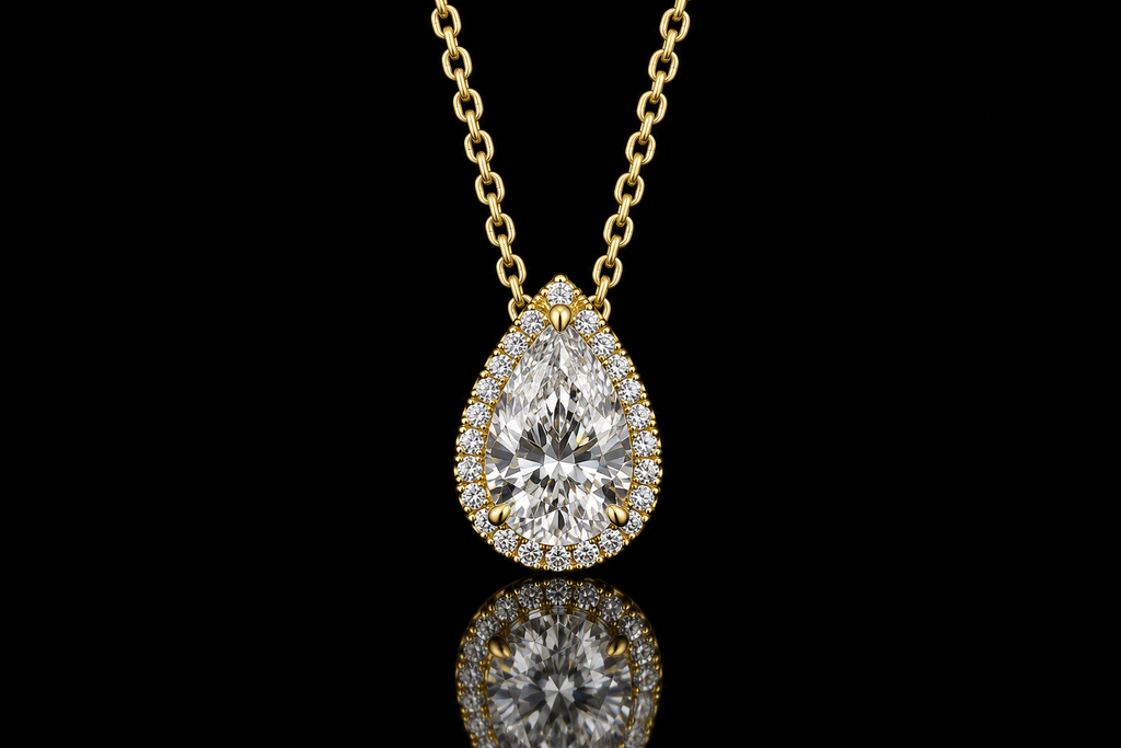 18K Yellow Gold Pear Diamond Halo Pendant (pend122)
