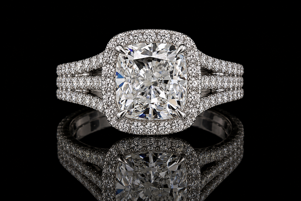 Cushion Cut Diamond Halo Triple Split Shank Engagement Ring (eng036)