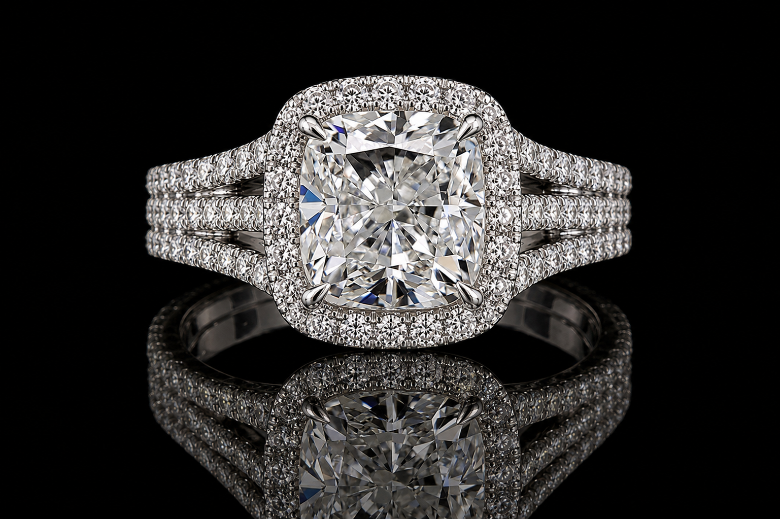 Cushion Cut Diamond Halo Triple Split Shank Engagement Ring (eng036)