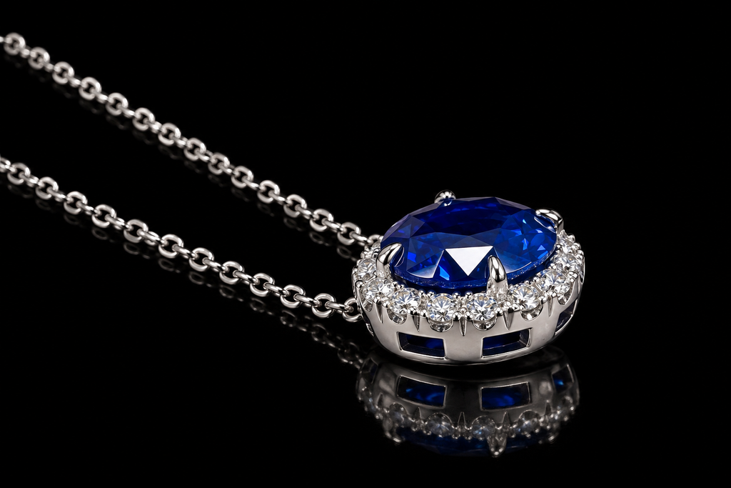 14K White Gold Sapphire & Micropavé Diamond Halo Necklace (pend117)