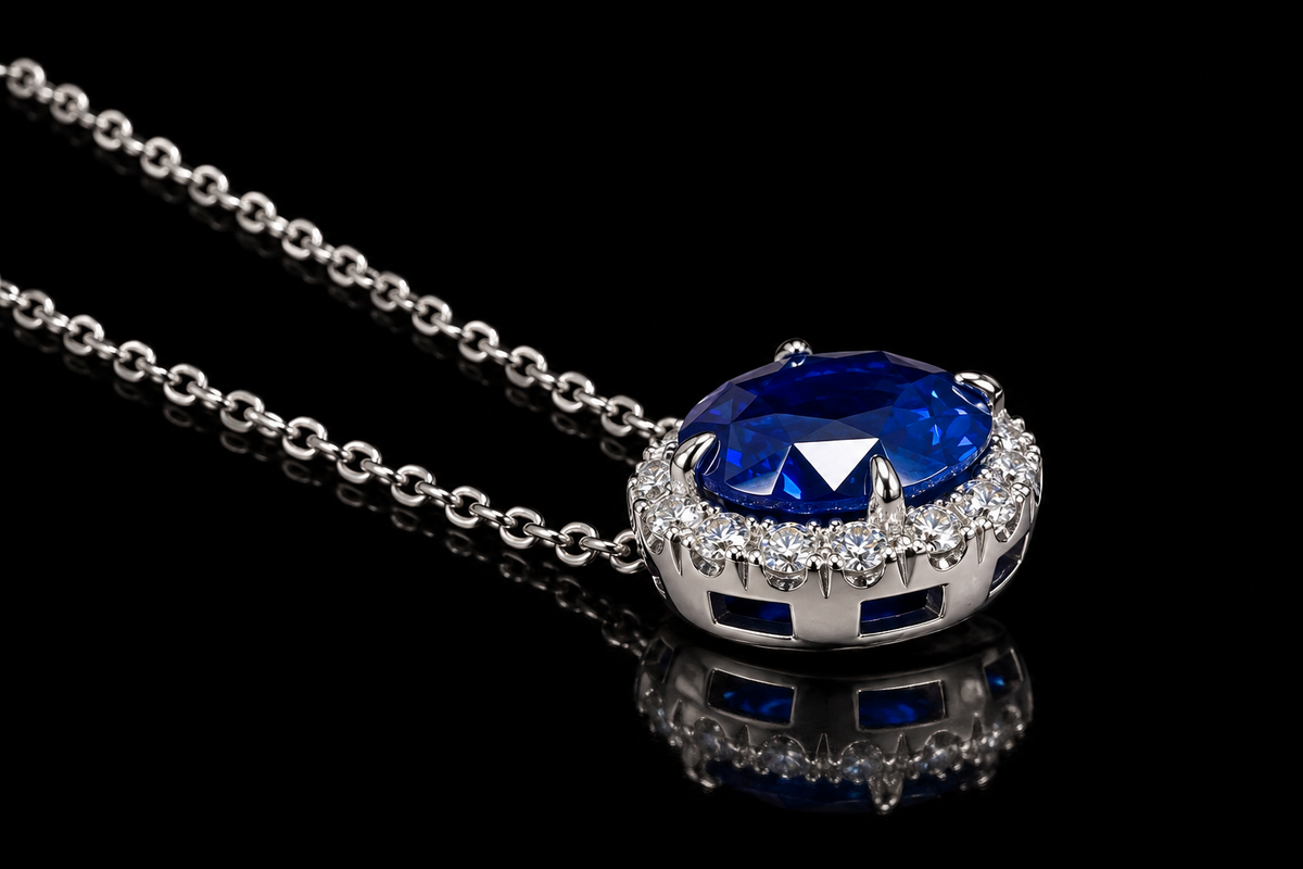 14K White Gold Sapphire & Micropavé Diamond Halo Necklace (pend117)