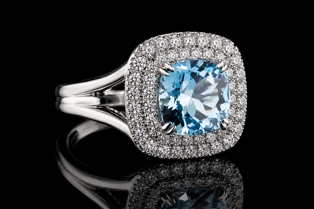 Cushion-Cut Blue Topaz Double Halo Ring (Eng003)