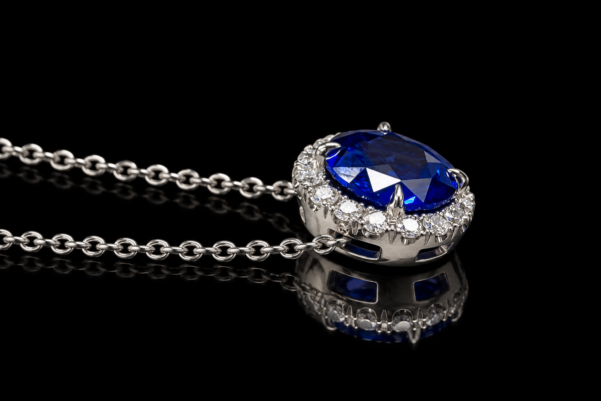 14K White Gold Sapphire & Micropavé Diamond Halo Necklace (pend117)