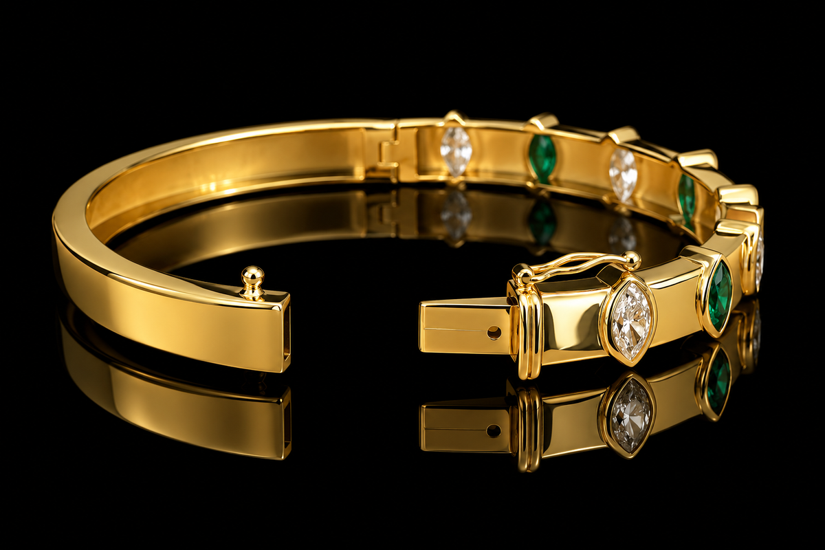 Marquise & Oval Diamond and Emerald Bezel Bangle (brac050)