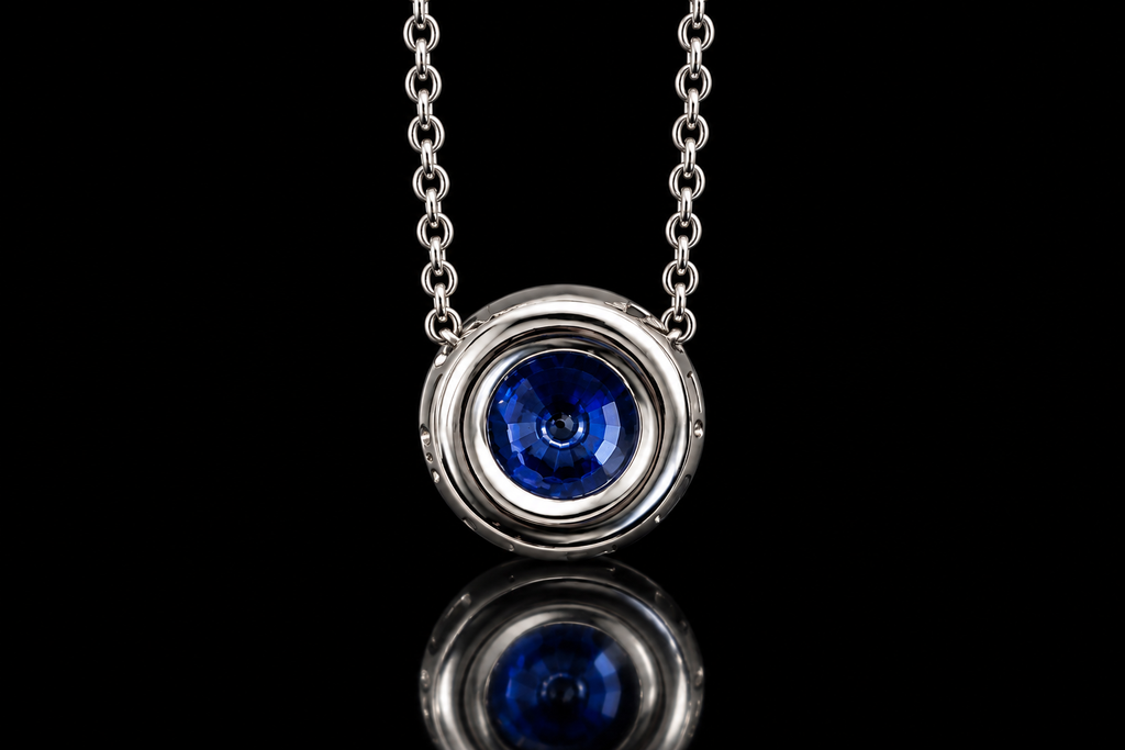 14K White Gold Sapphire & Micropavé Diamond Halo Necklace (pend117)