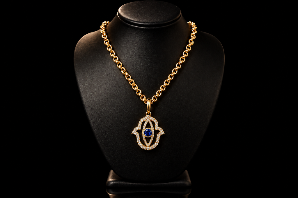 Diamond Hamsa Pendant with Blue Sapphire in Yellow Gold (pend172)