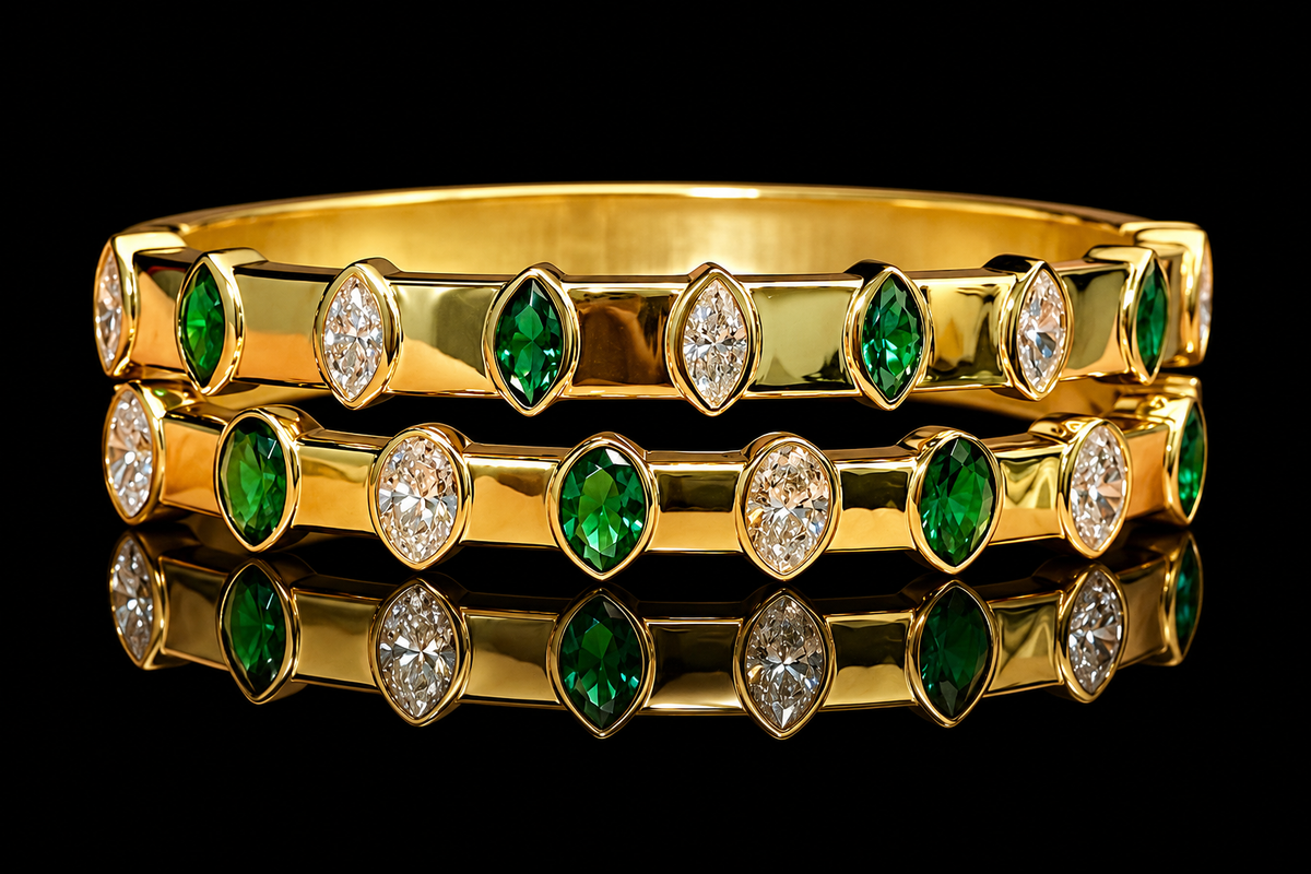 Marquise & Oval Diamond and Emerald Bezel Bangle (brac050)